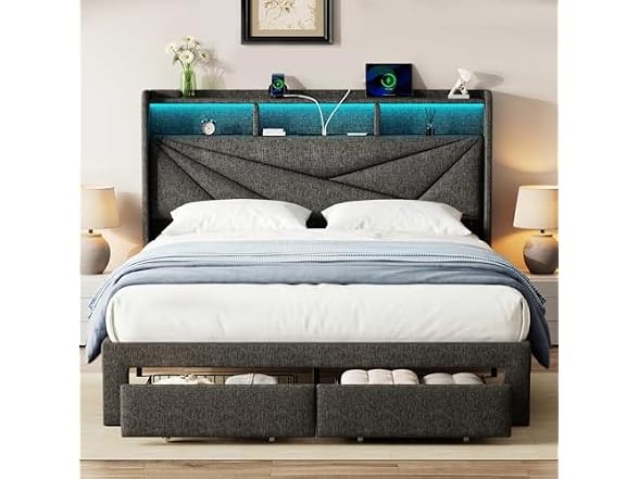 Blissivia Full Bed LED USB Drawers Grey Dark Grey Millie Side Table