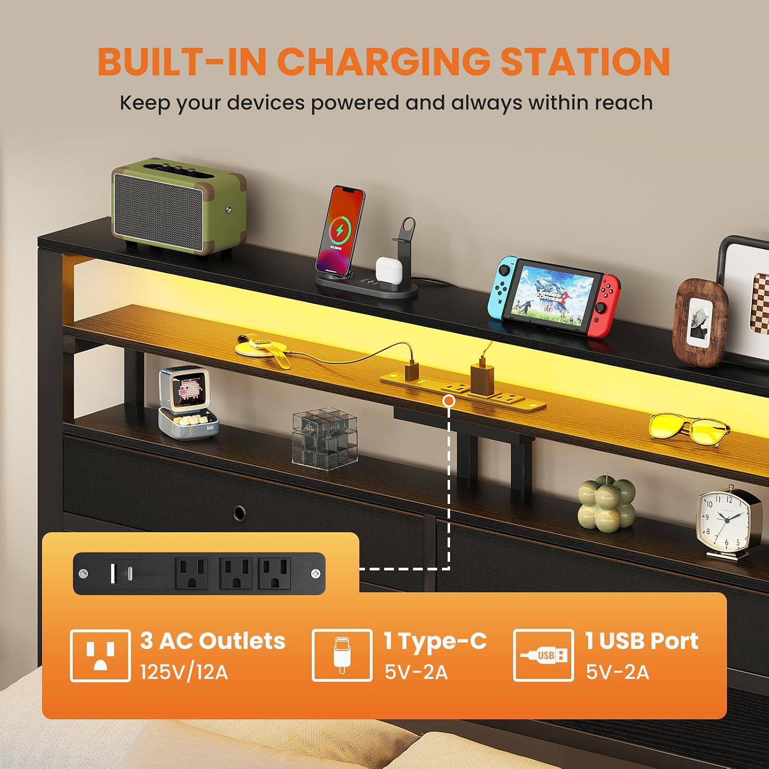 Queen Bed Frame with LED Lights and Charging Station, Platform Bedframe with Sto