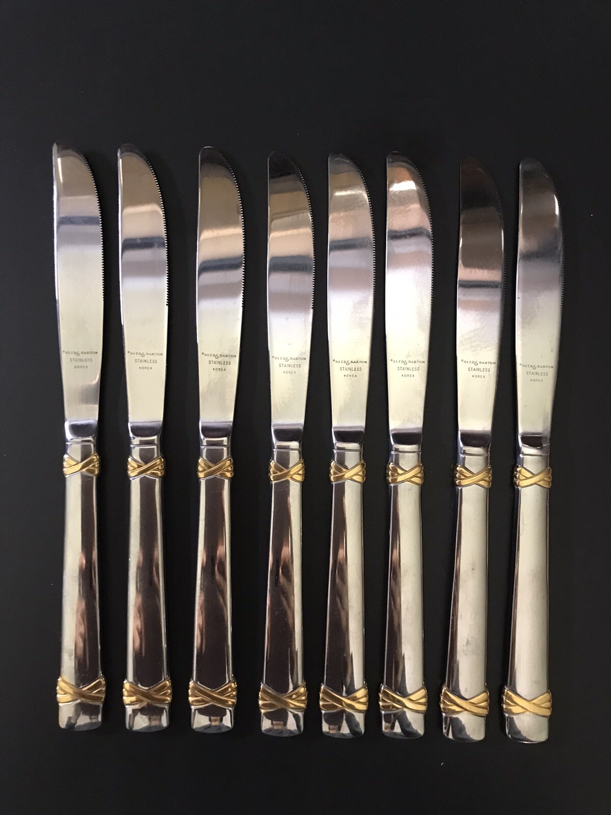 Set 8 Reed & Barton FANFARE Dinner Knives Gold Trim 18/8 Stainless Steel KOREA
