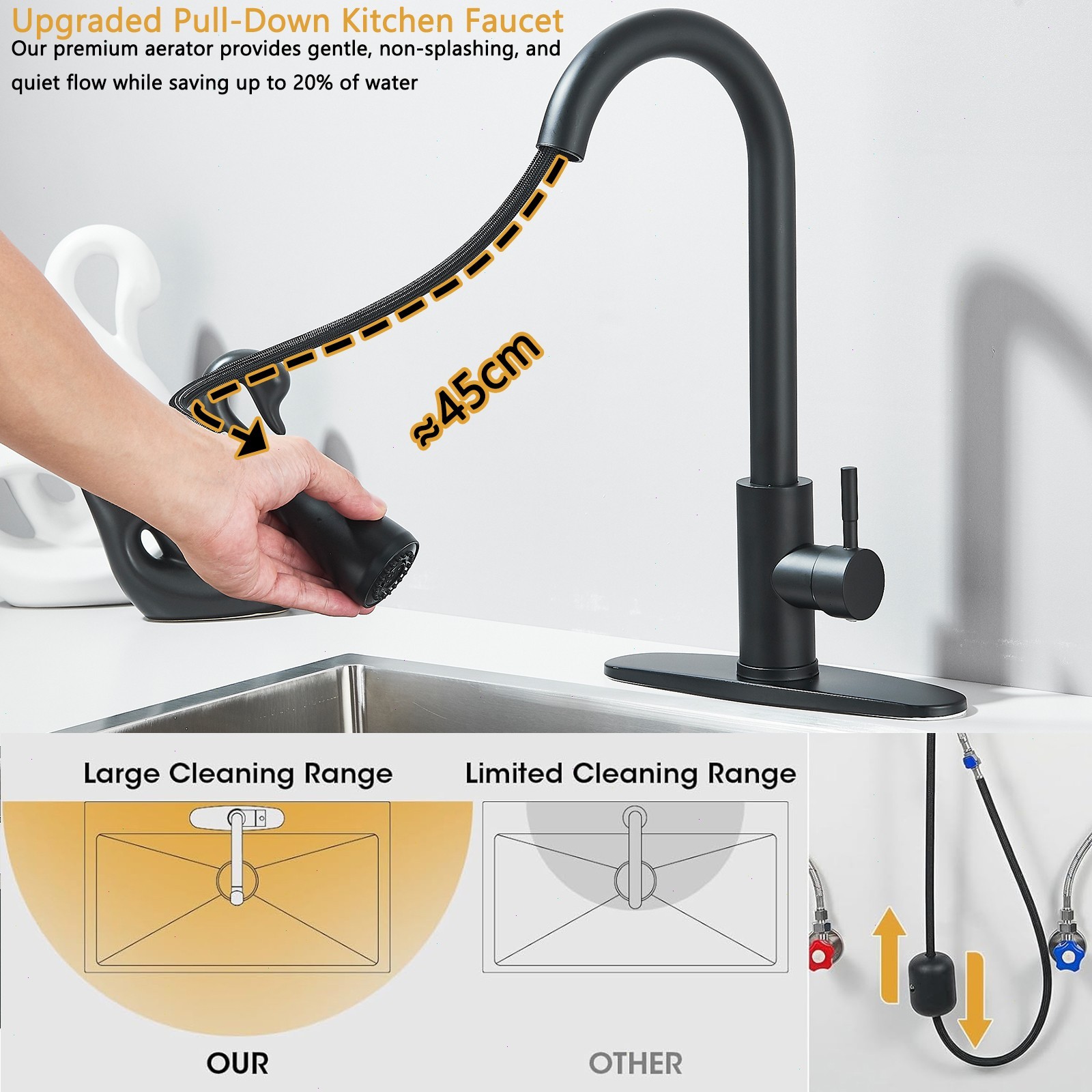 Black Kitchen Faucet with Soap Dispenser High Arc Pull Down Sprayer Sink Mixer