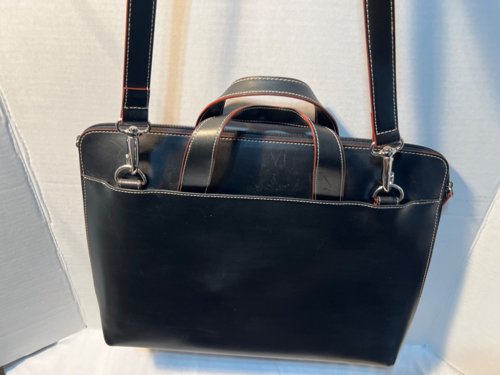 Lodis Black Leather Laptop Briefcase Solid Zipper Closure Shoulder Strap Red/Blk