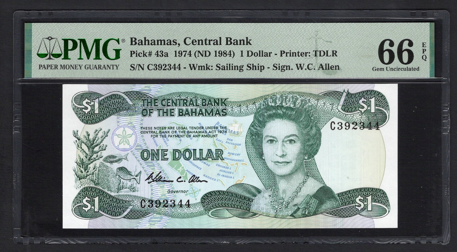 Bahamas One Dollar 1974(ND 1984) P43a Uncirculated Graded 66