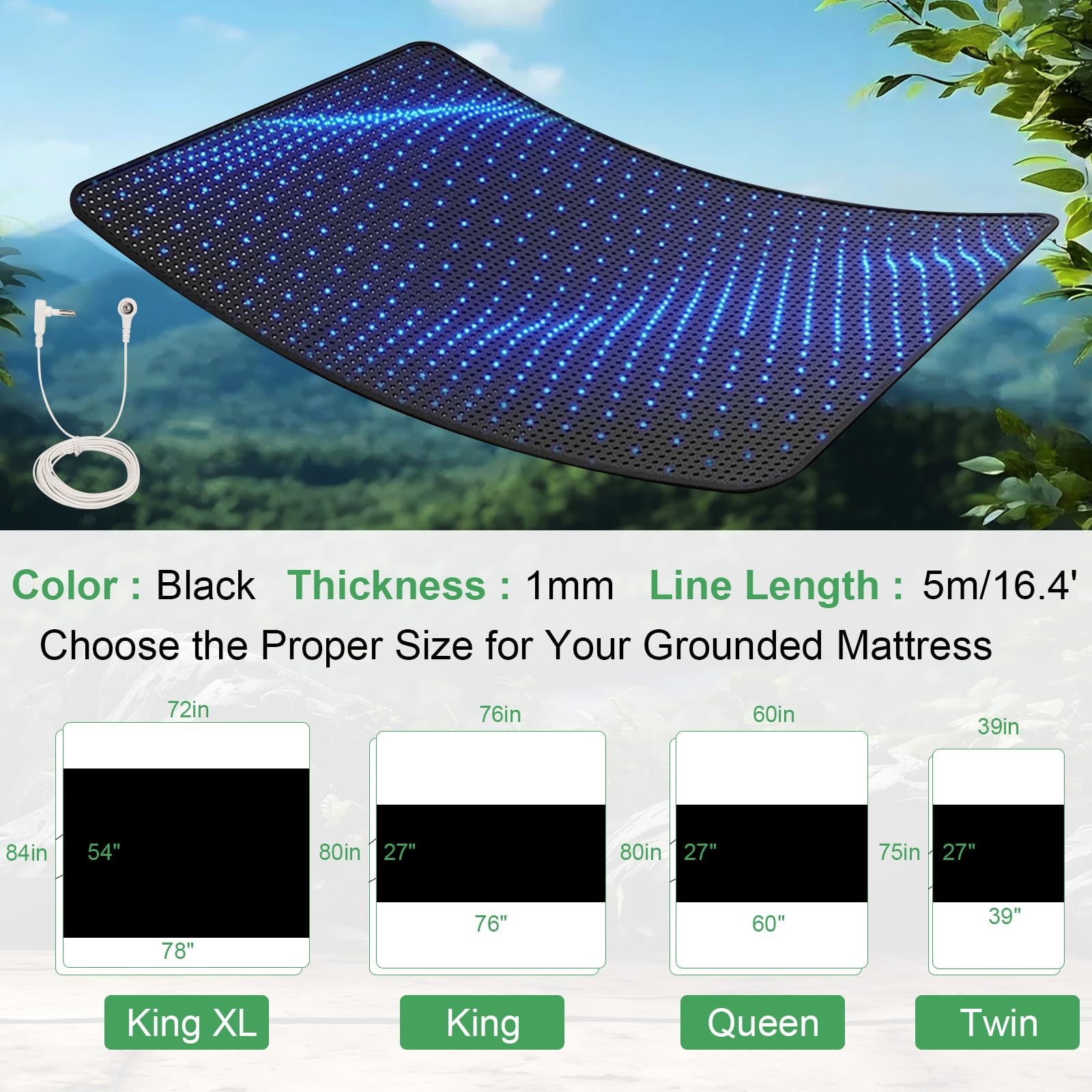 Grounding Mattress Pad with Cord,Grounding Mat, King,76"x27", Black