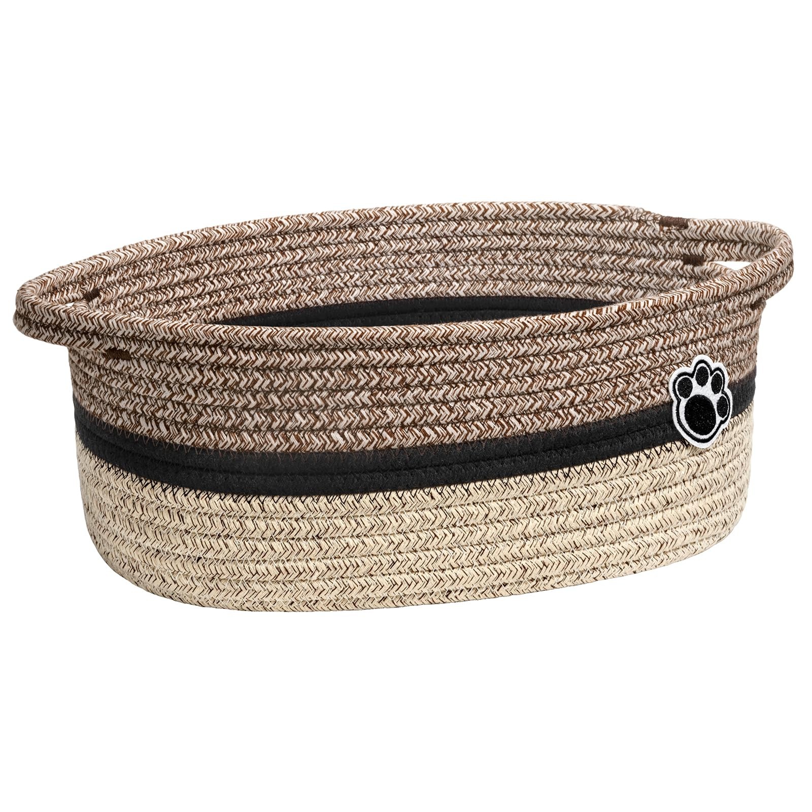 Woven Rope Dog Toy Basket with Paw Print, Brown Mix