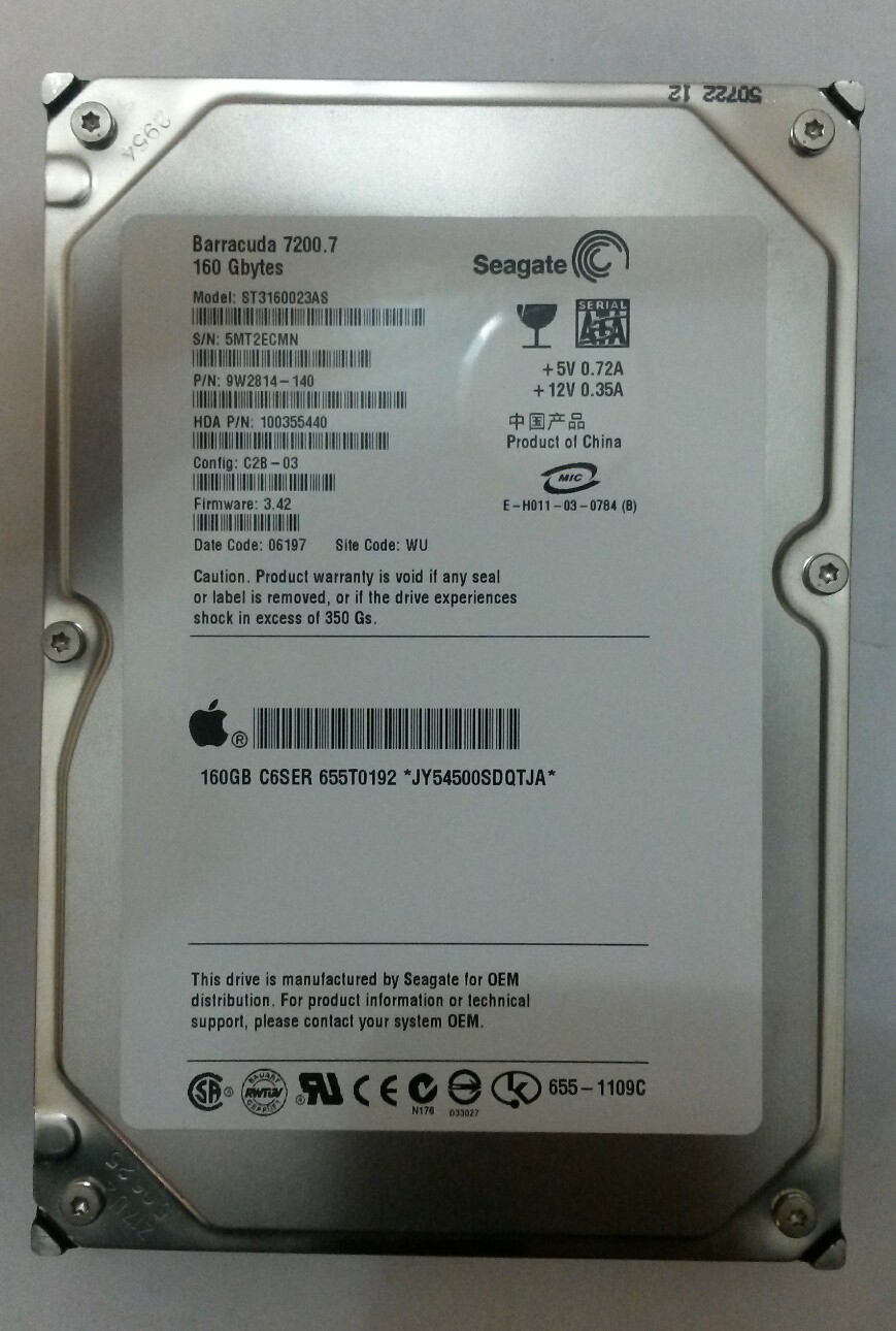 SEAGATE ST3160023AS Desktop Drive 160GB SATA P/N:9W2814-140 F/W: 3.42 Site:WU