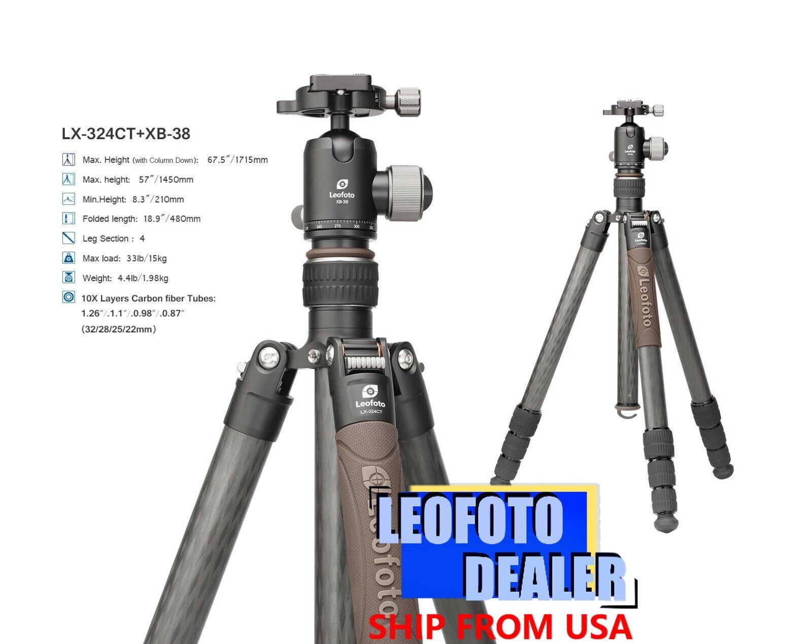 Leofoto LX-324CT + XB-38 Reversible Travel Tripod with Ball Head