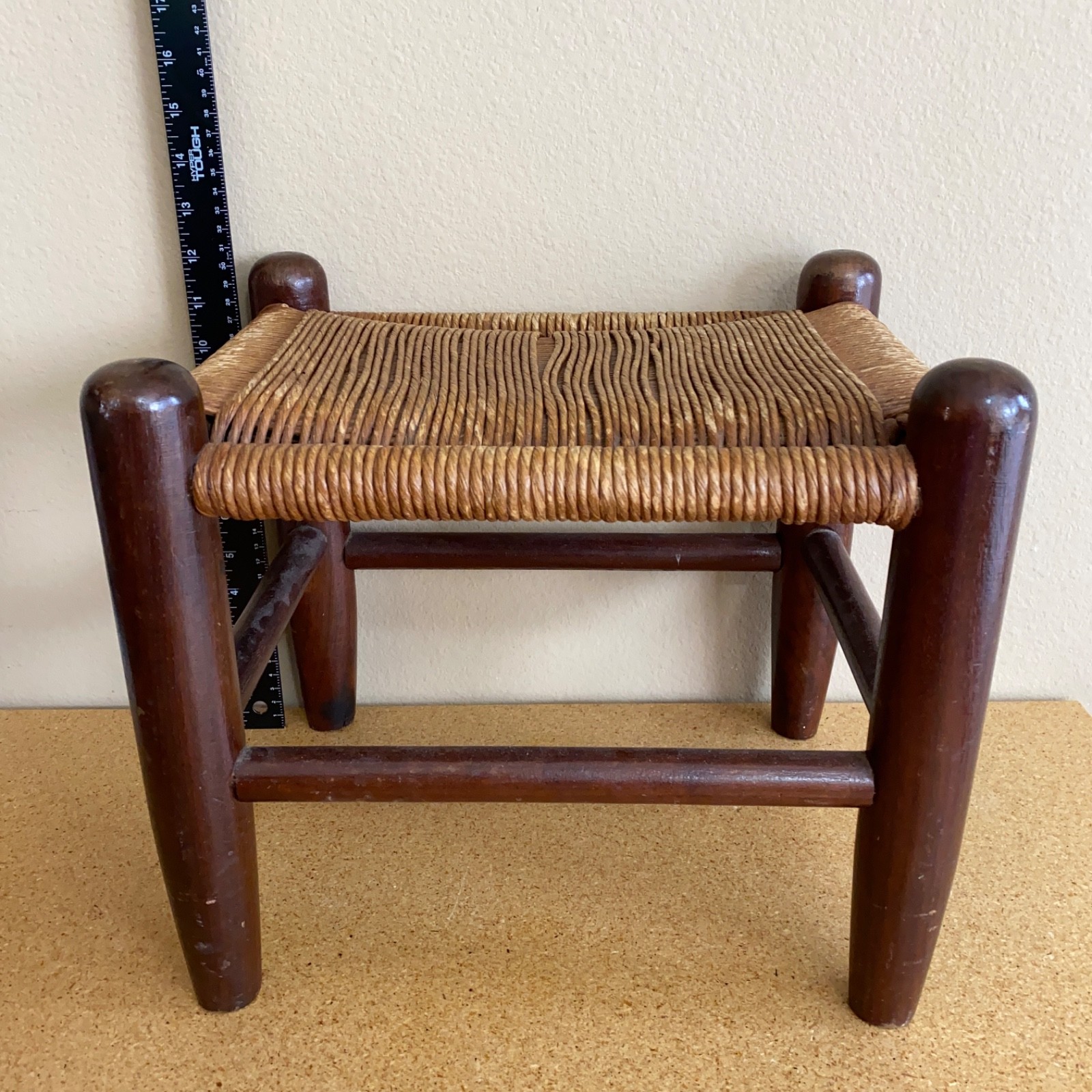 VTG Wood Rope Rush Twine Foot Stool Hand Woven Seat Ottoman Rustic 12 X 14 X 9
