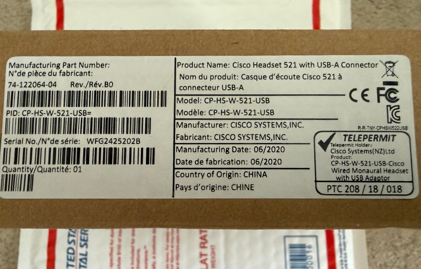 Cisco CP-HS-W-521-USB single ear Headset - NEW!! usb a