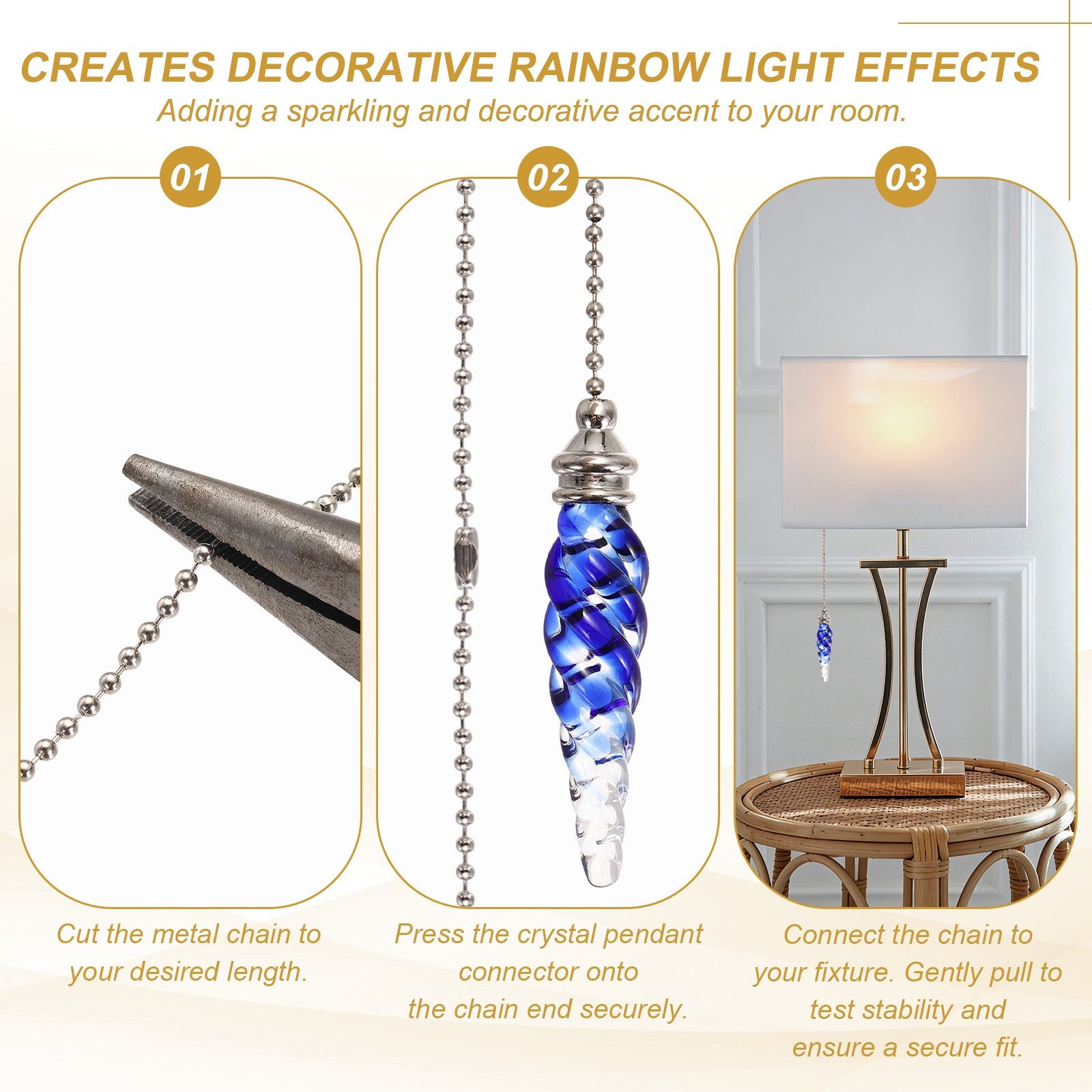 2 Pcs Crystal Ceiling Fan Pull Chain Extender 15 Inch for Light, Blue