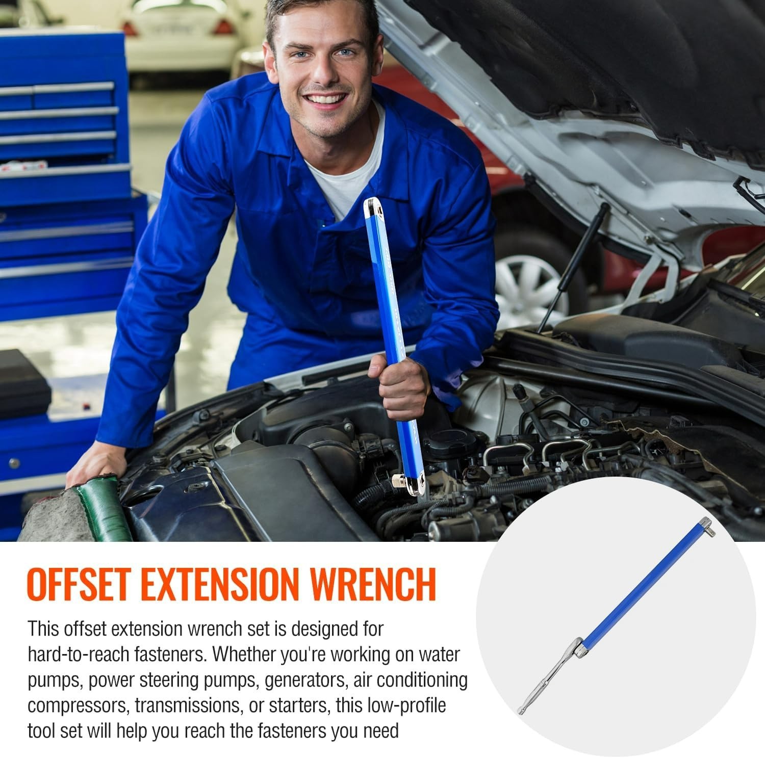 Impact Ready Offset Extension Wrench, Tight Reach Wrench Set, Blue