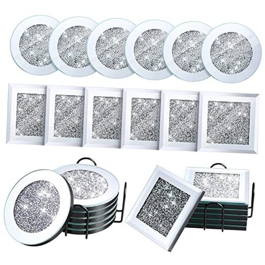 14 Pcs Crystal Coasters with Holder Set 2 Black Holder 12 Glass Mirrored