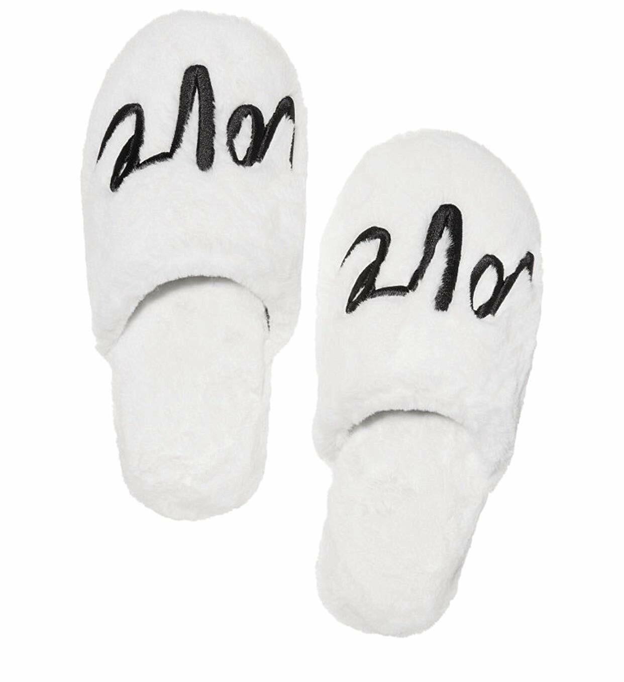 Victoria's Secret Love Cozy Faux Fur Slippers Slides White NWT