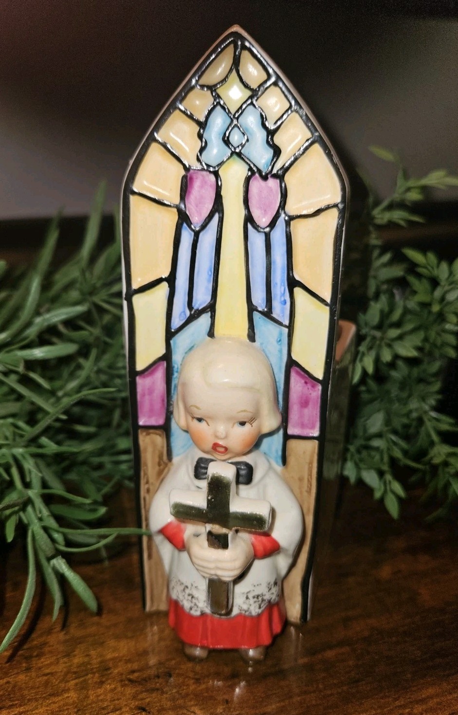 RARE Vtg Christmas Napco Choir Boy w/Cross Stained Glass Wall Pocket Planter