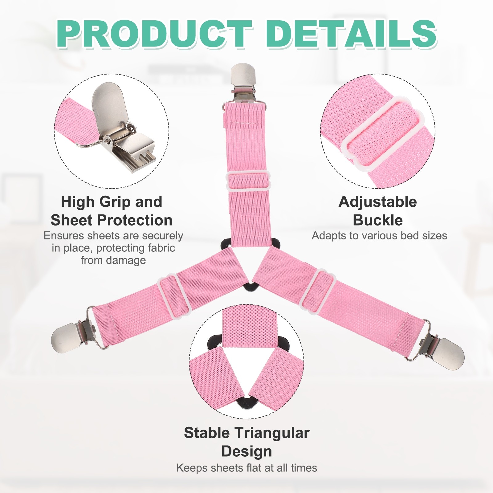 4Pcs Bed Sheet Holder Straps Elastic Adjustable, Pink
