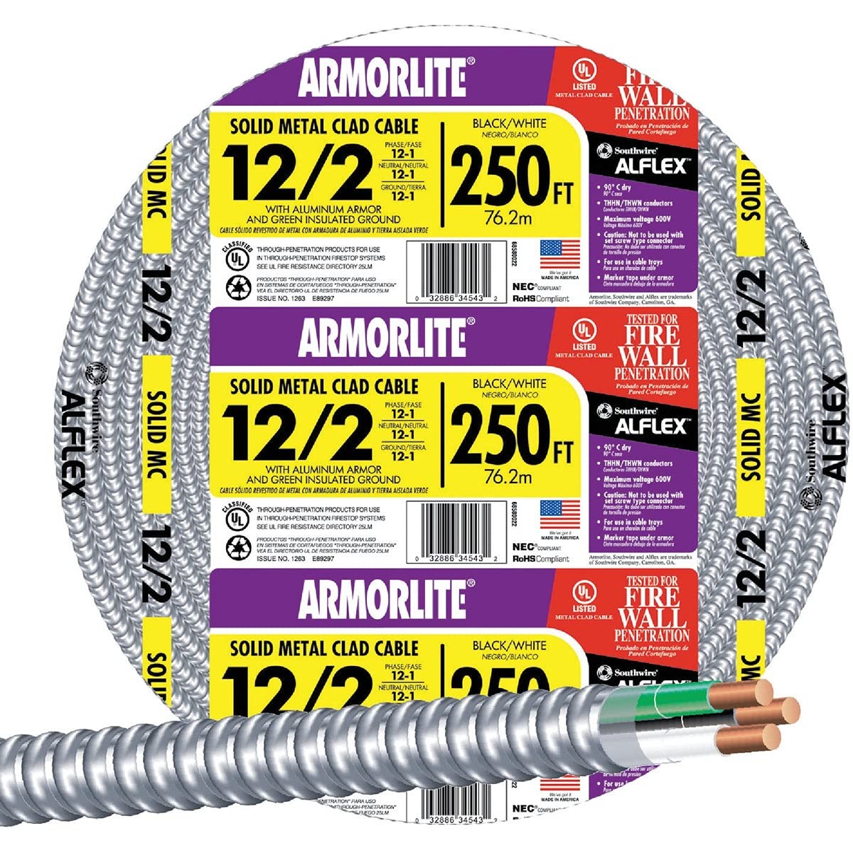Southwire 68580055 250 ft 12/2 solid CU MC Lite Cable, 250 ft, Aluminum