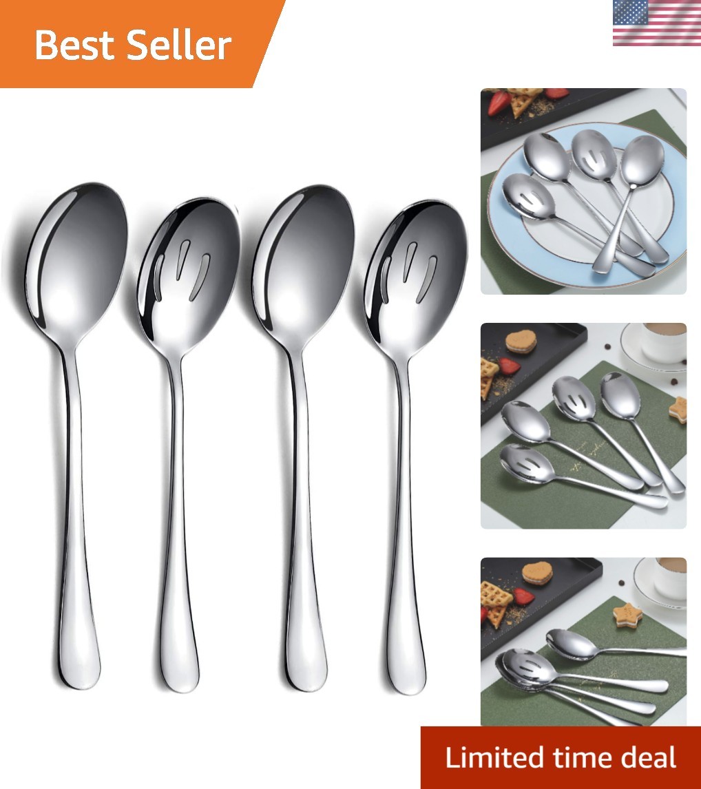 High-Quality 4-Piece Stainless Steel Serving Set - 2 Slotted & 2 Solid Spoons