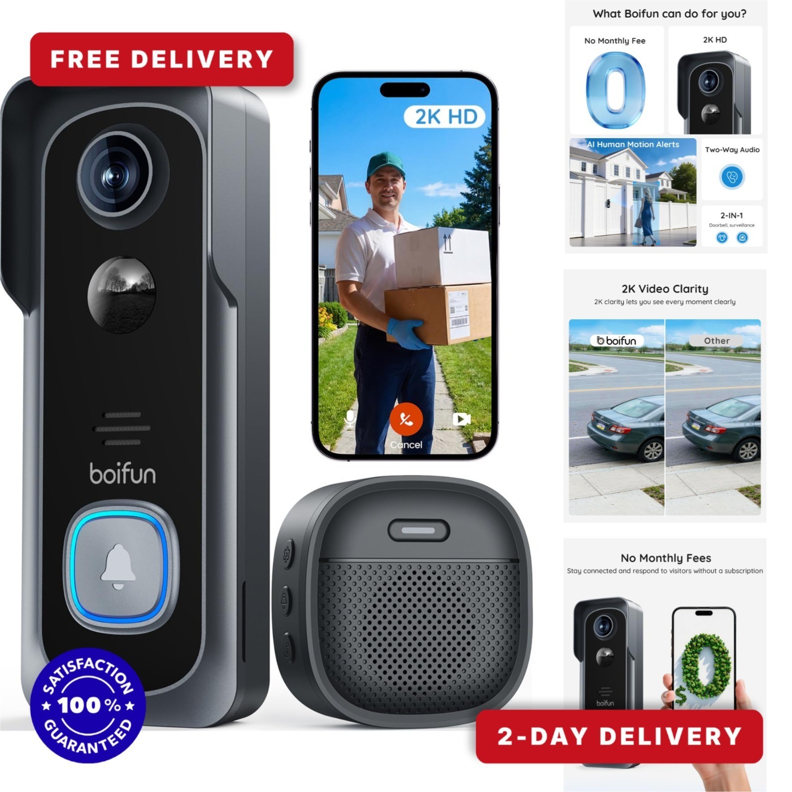 BOIFUN Wireless Video Doorbell Camera 2K HD, Night Vision, Motion Alerts