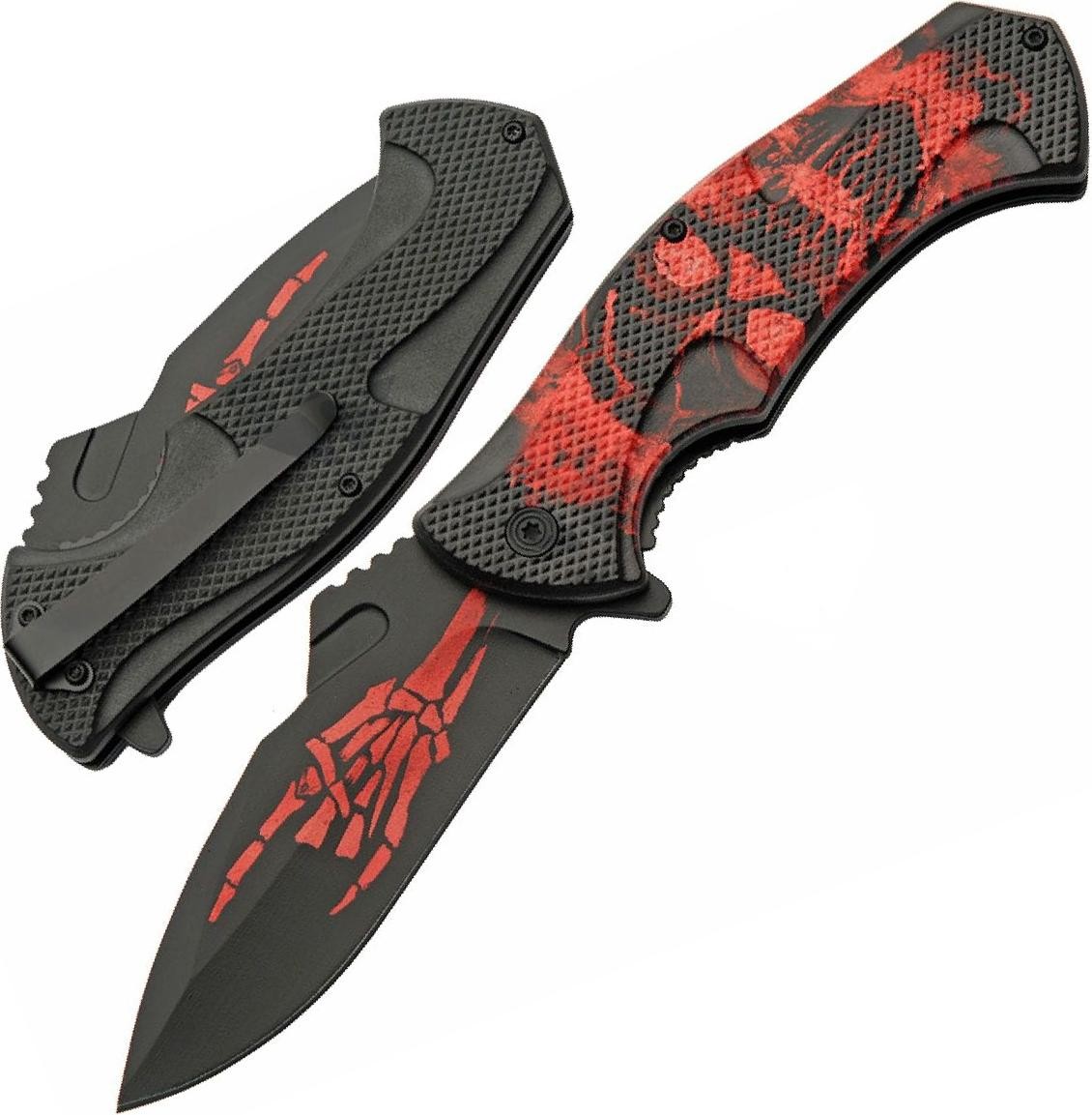 Spring-Assist Folding Pocket Knife Black/Red 4in Blade Hard Rock Skull Skeleton