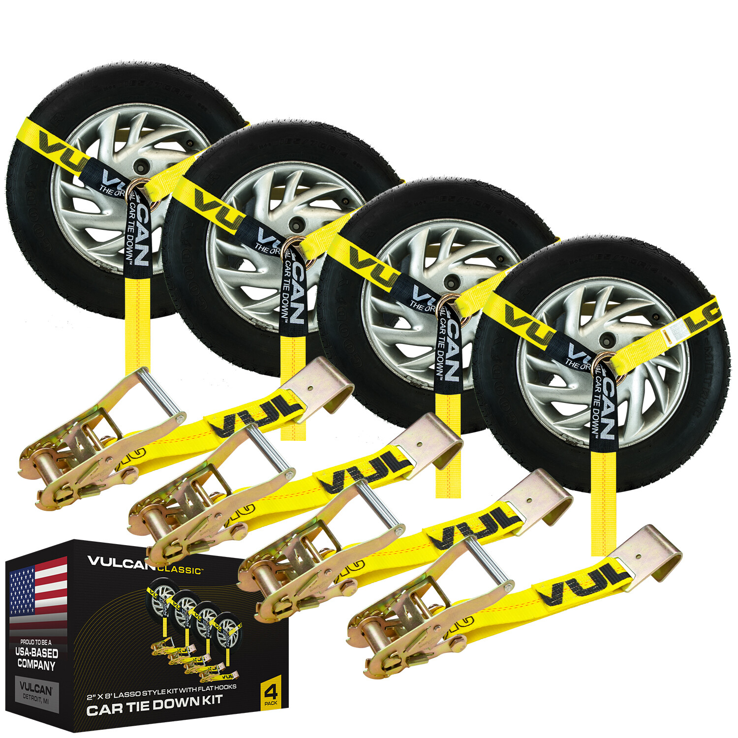 VULCAN Lasso Car Tie Down - Flat Hooks - 2" x 96", 4 Pack - 3300 lbs SWL