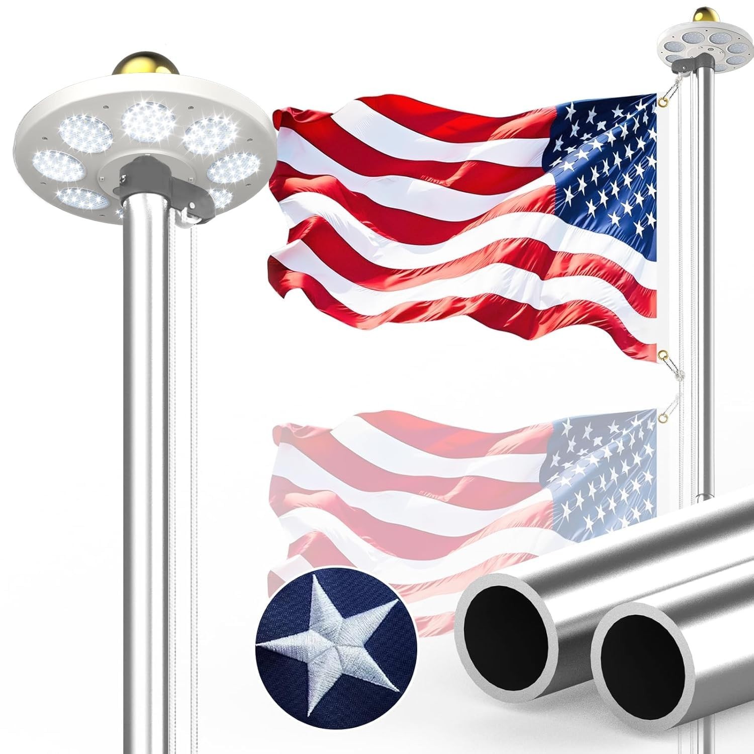 11 Gauge Flag Pole Kit with Solar Light for Outside House, 120 MPH Flagpole H...