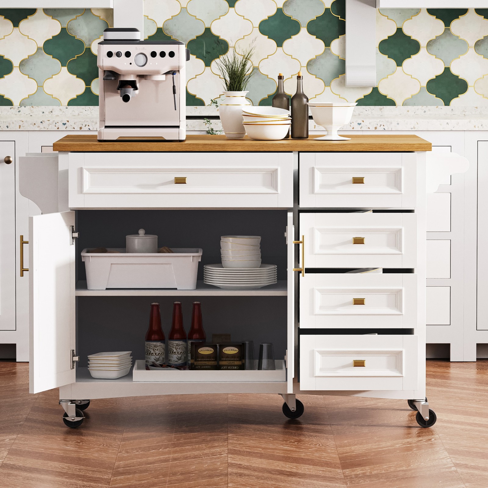 K&K 52'' Kitchen Island with Drop Leaf, Embossed Texture Kitchen Island on Whe