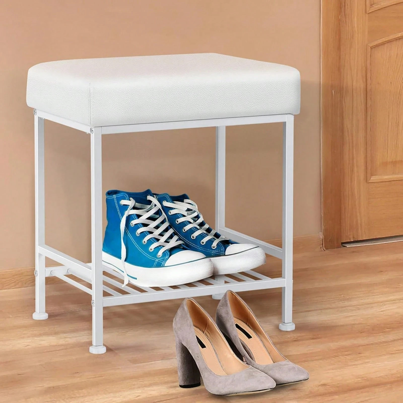 Storage Vanity Stool - Adjustable Square Ottoman With Leather, White