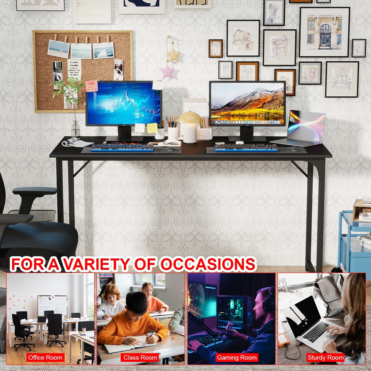 55 Inch Computer Desk Black Office Desk with Metal Frame, Scratchproof Surface