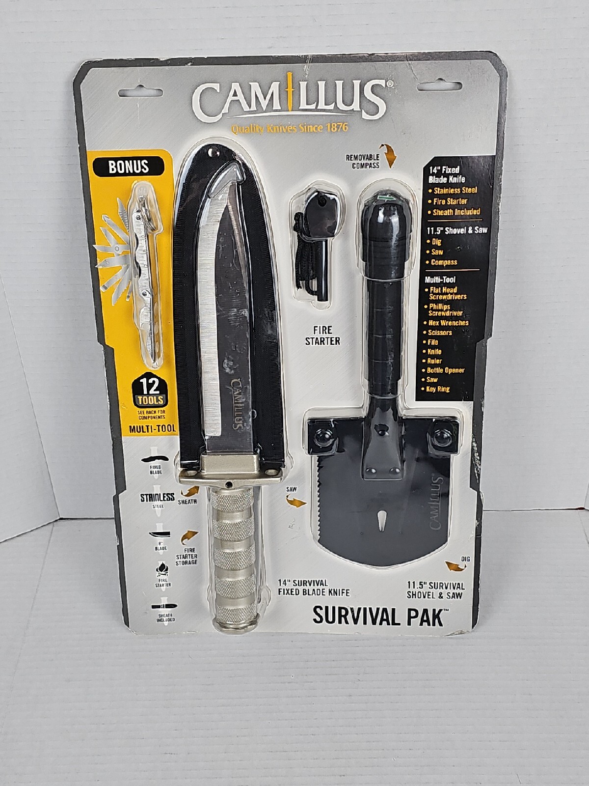 Camillus Survival Pak with 14 inch Knife, Shovel/Saw, Fire Starter & Multi Tool