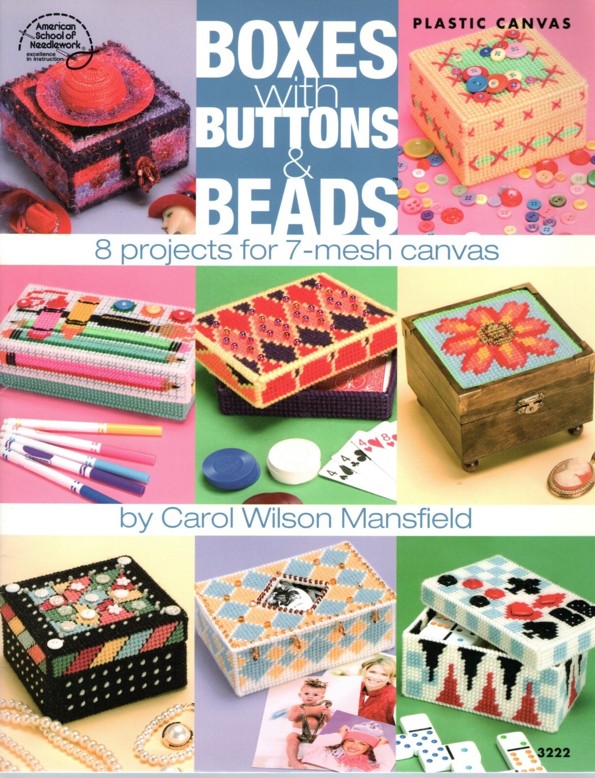 American Sch. Ndlwk. 3222 BOXES w/ BUTTONS BEADS Plastic Canvas Pattern Leaflet