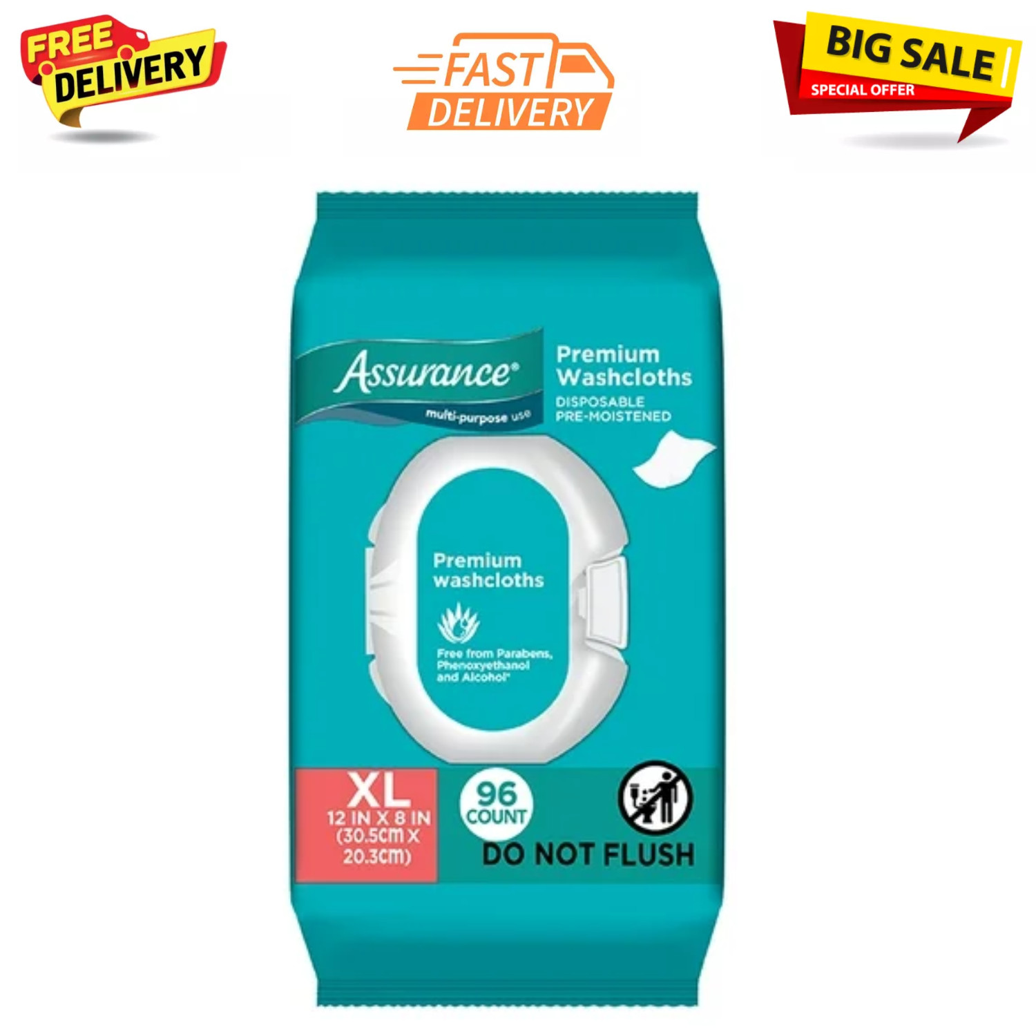 Assurance Premium Disposable Washcloths Pre-Moistened Body Wipes, XL, 96 Count