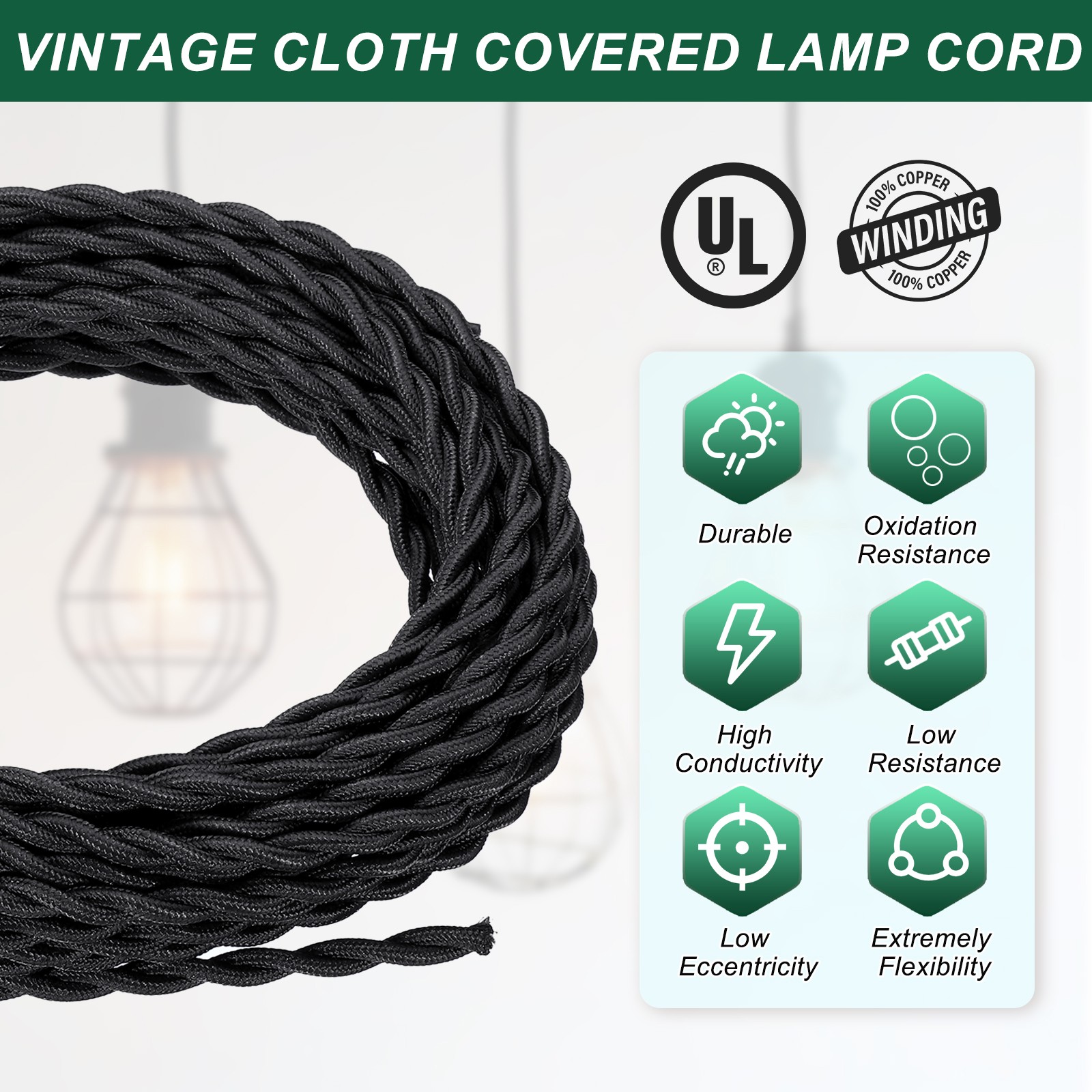 100ft 18AWG 2-Conductor Twisted Cloth Covered Wire Black