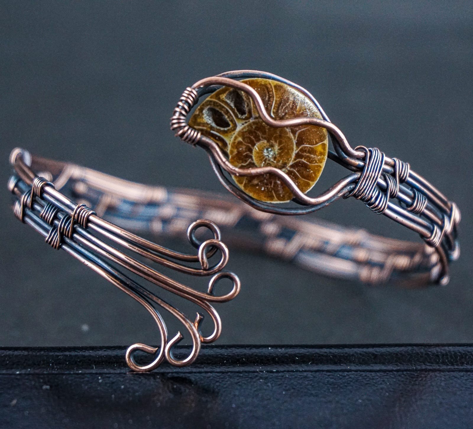 Ammonite Fossil Copper Wire Wrapped Cuff Bracelet Handmade Boho Artisan Bangle