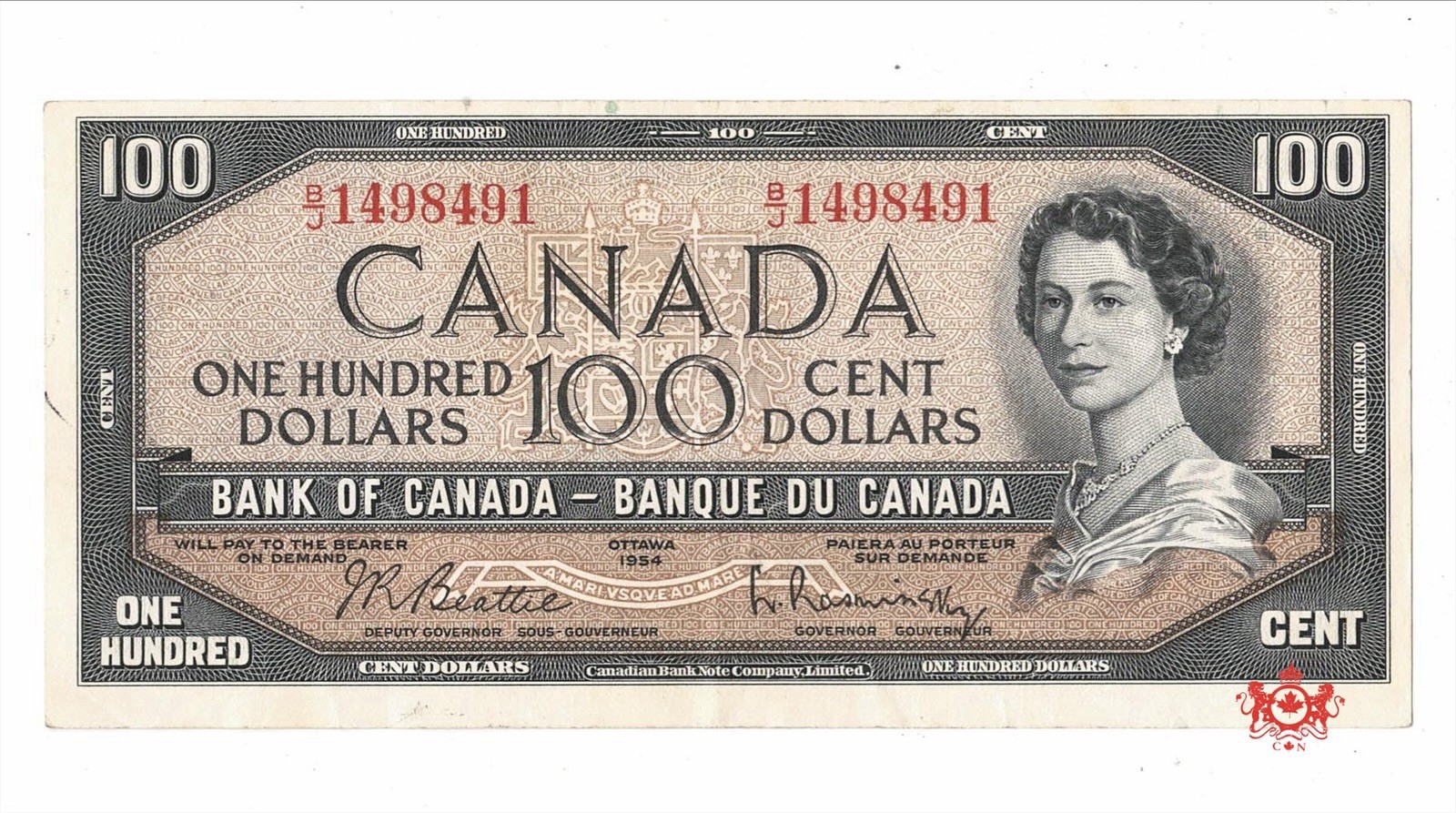 1954 Bank Of Canada 100$ Modified Beattie/Rasminsky B/J1498491 - EF/AU - BC-43b