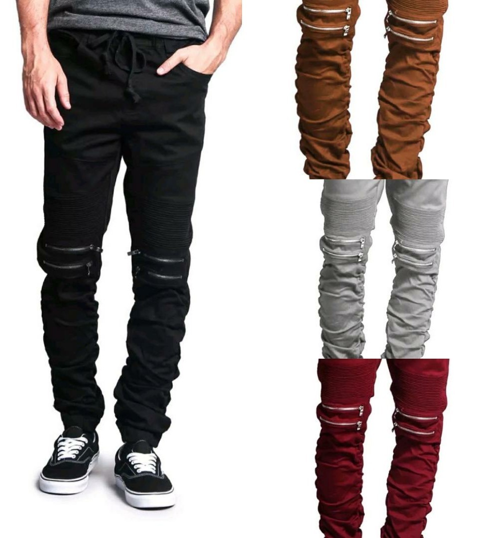 Men's Zipper Knee Scrunch Stacked Biker Twill Jogger Pants