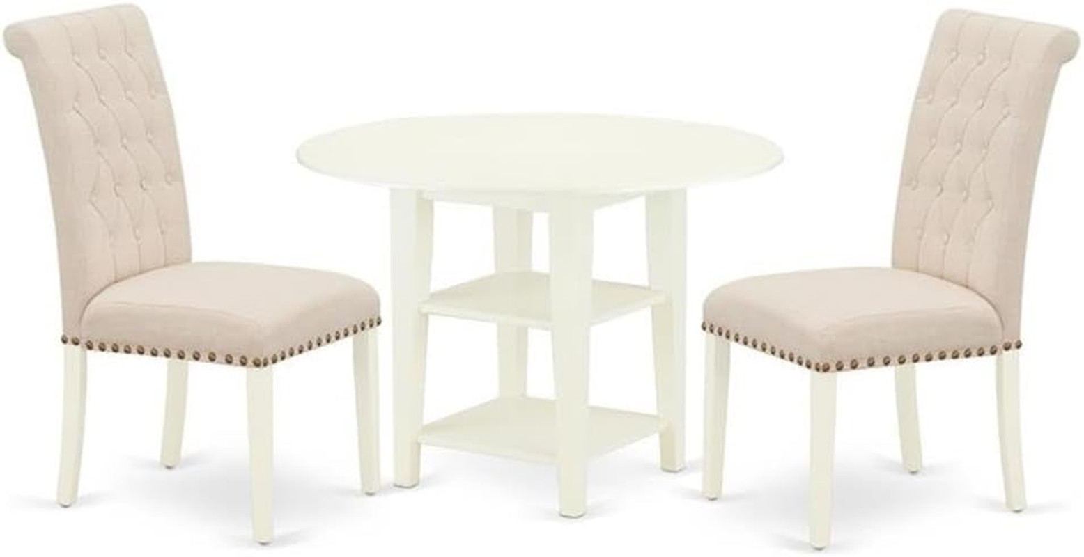 SUBR3-LWH-02 3 Piece Dining Set Contains a round Dining Room Table with Dropleaf
