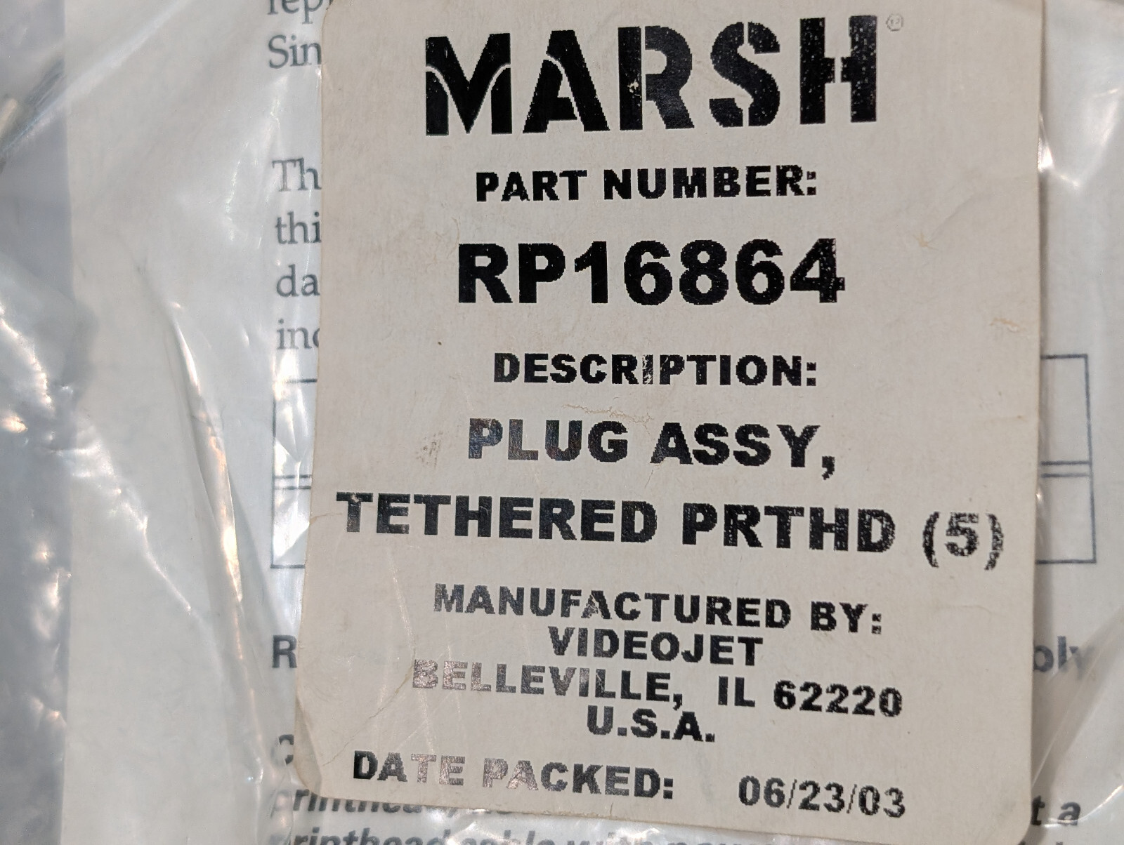 Marsh RP16864 Marconi, Videojet Ink Inlet Plug Assy, Tethered Print Head, Hi-Res