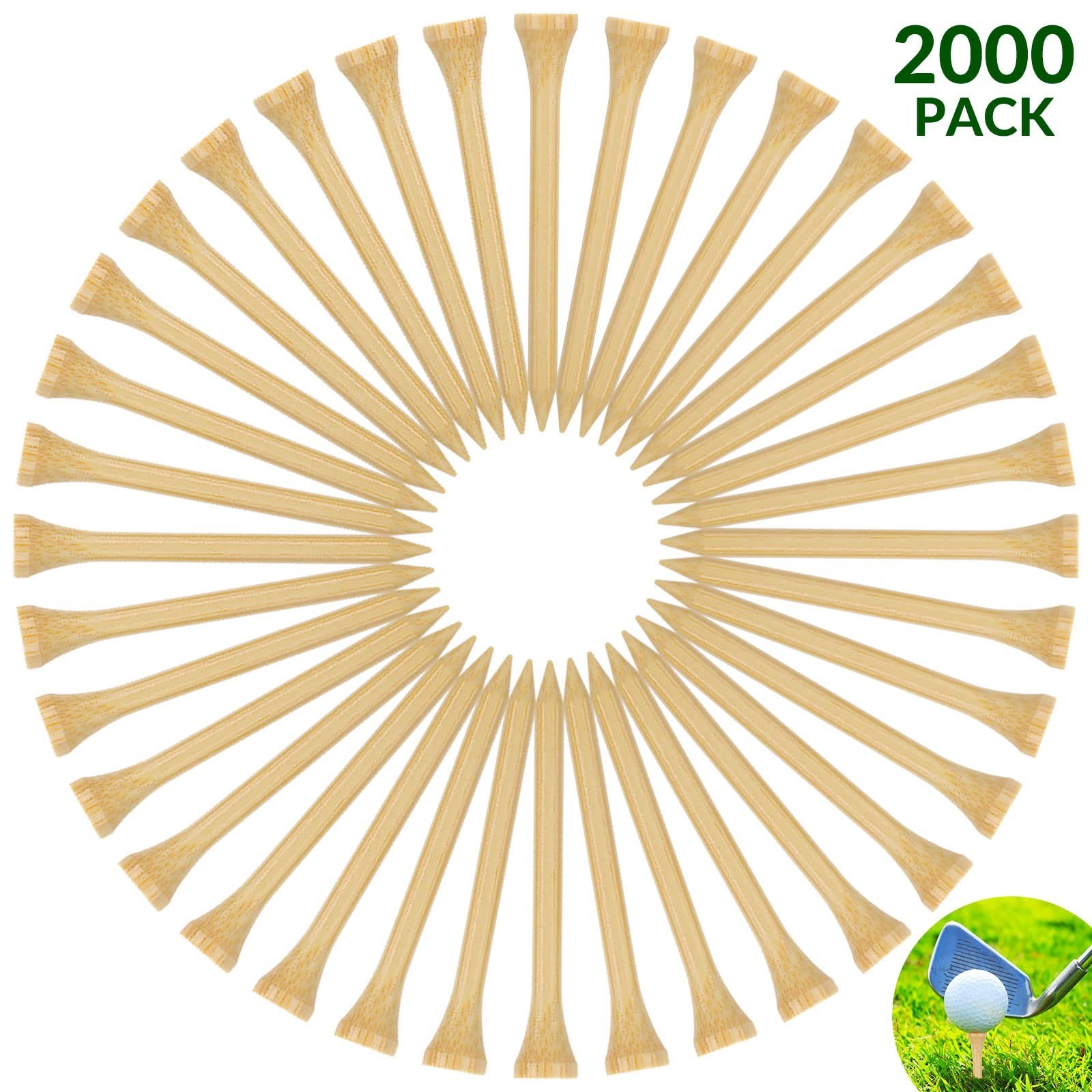 2000 Pcs Bamboo Golf Tees - Professional Bulk Set, Reduce Friction & Side Spin,
