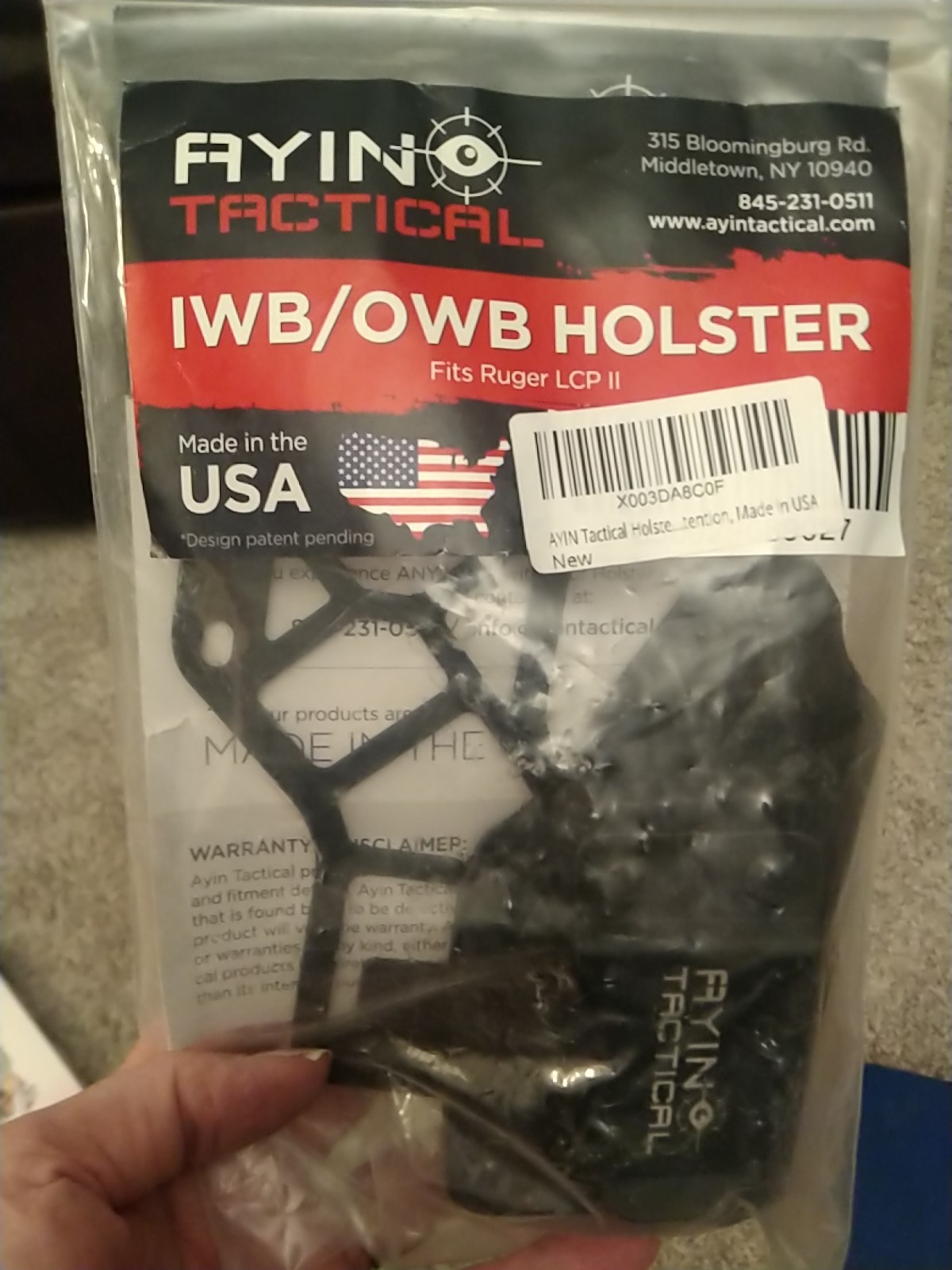 AYIN Tactical IWB/OWB Holster Fits Ruger LCP II Pistol Made in USA Black