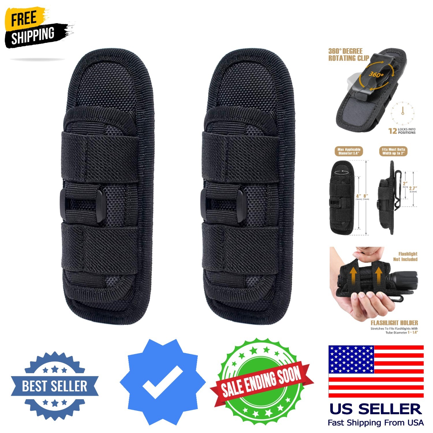 Tactical Flashlight Pouch Holster, Rotatable Flashlight Holder Belt Clip Tact...