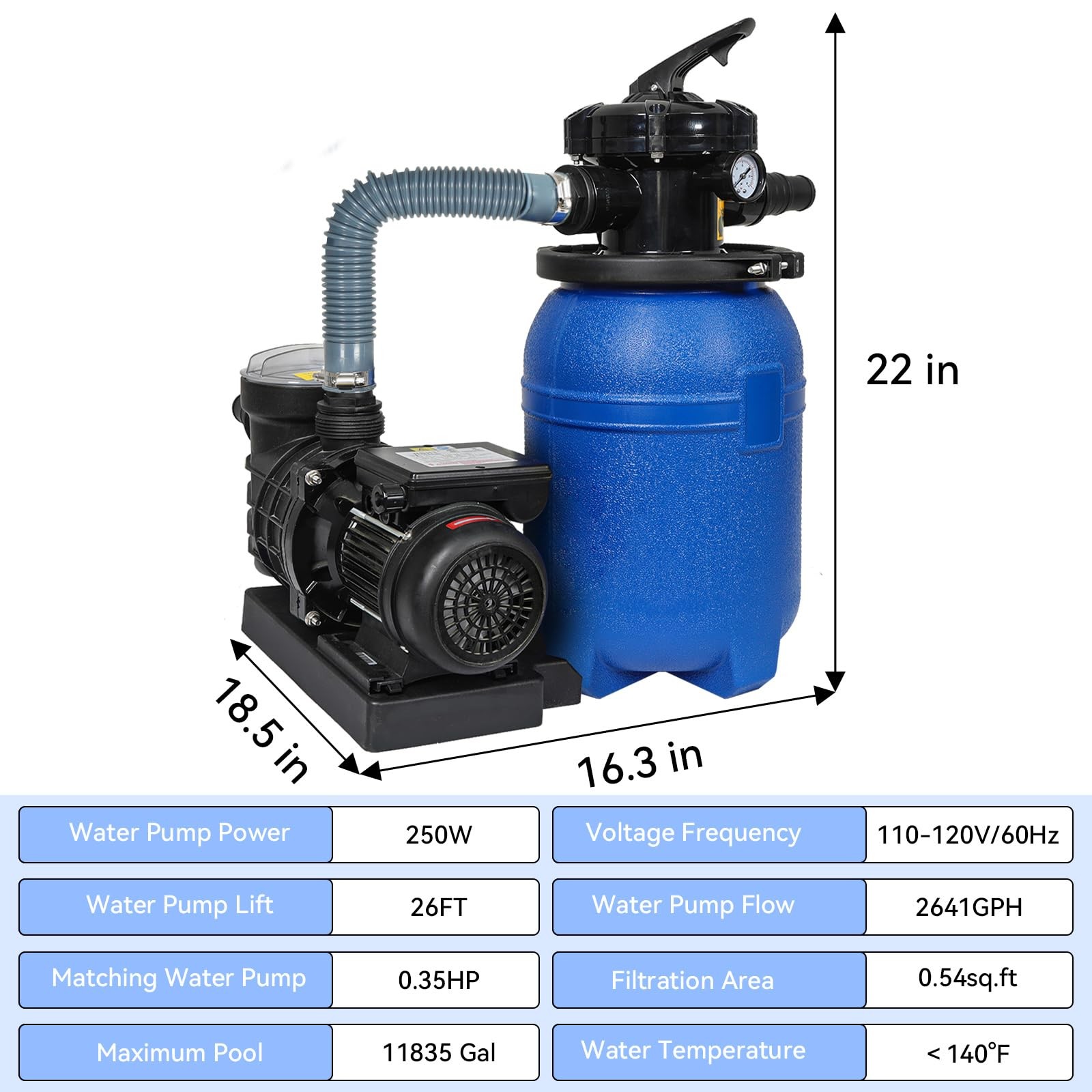 2641GPH Above Ground Sand Filter Pump, 6-Way Valve, 400 Cotton Filter Balls