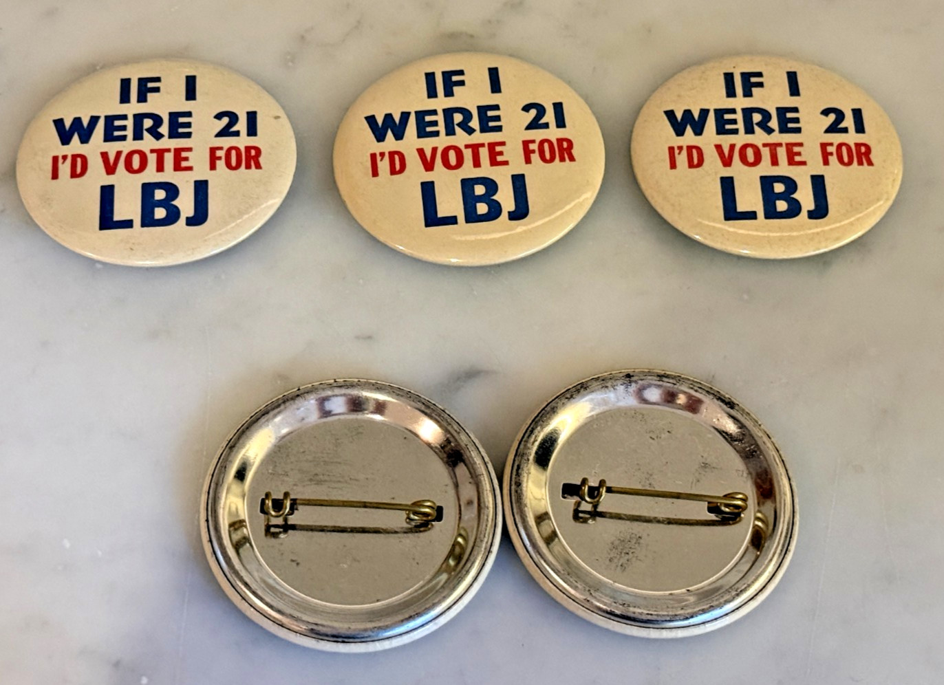 Lot of 5 Vintage 1964 LBJ “If I Were 21 I’d Vote for LBJ” 2 1/8" Campaign Button