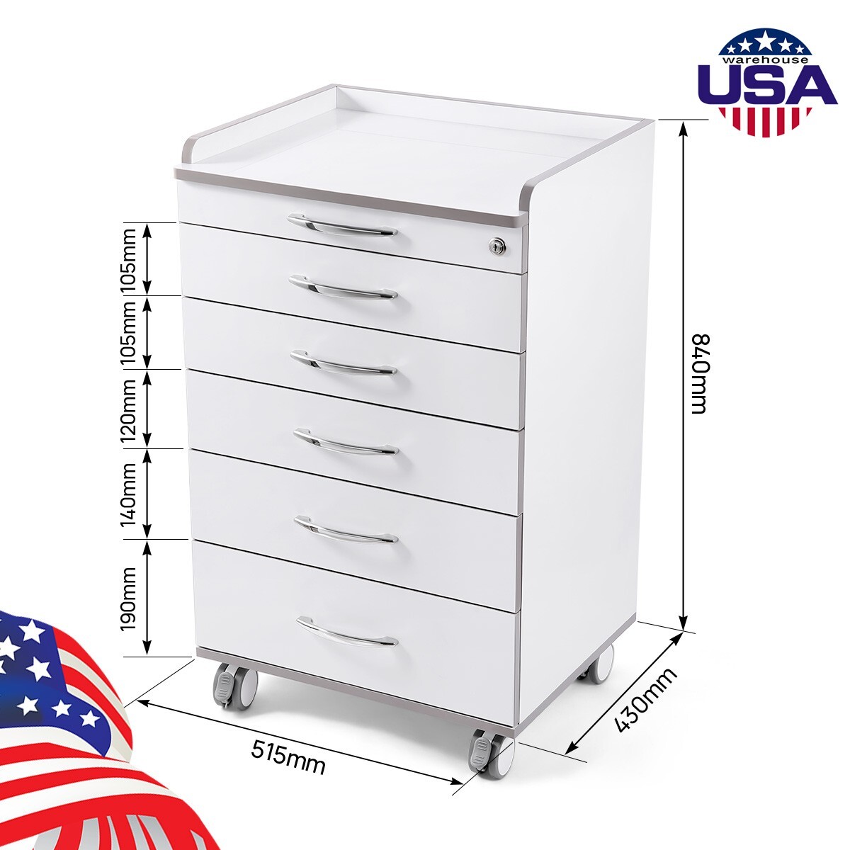 USA Dental Mobile Medical Cart Office Storage Cabinet Tool Cart with 5 Drawers