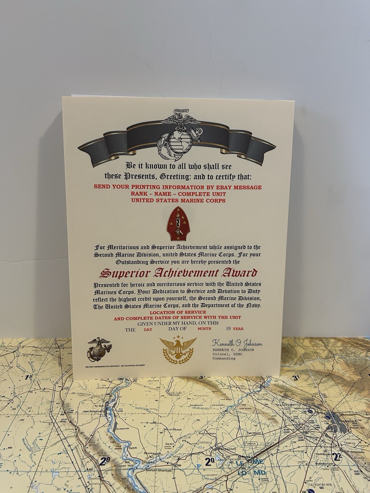 U.S. MARINES / 2ND MARINE DIVISION - SUPERIOR ACHIEVEMENT AWARD CERTIFICATE
