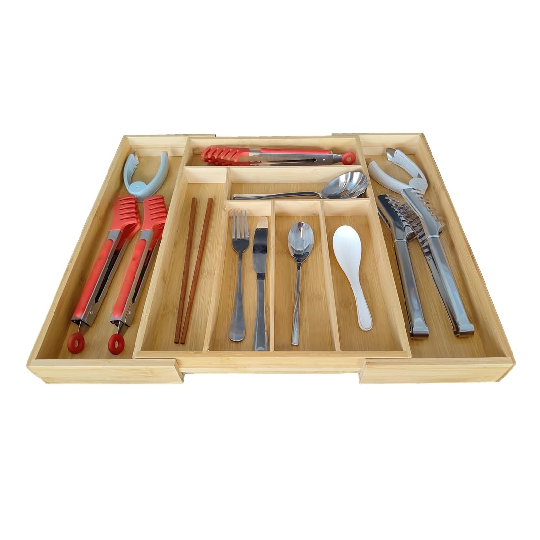 Adjustable Bamboo Drawer Organizer, Expandable Silverware Natural