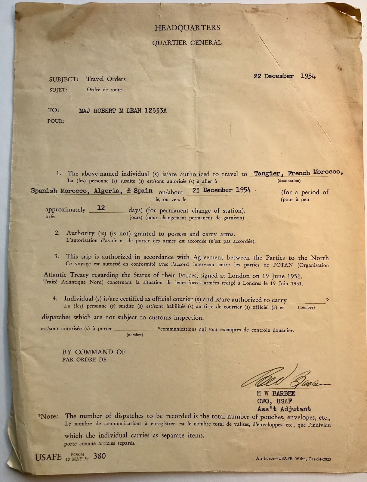 1954 Headquarters Quarter General Travel Orders Signed Original Document USAF