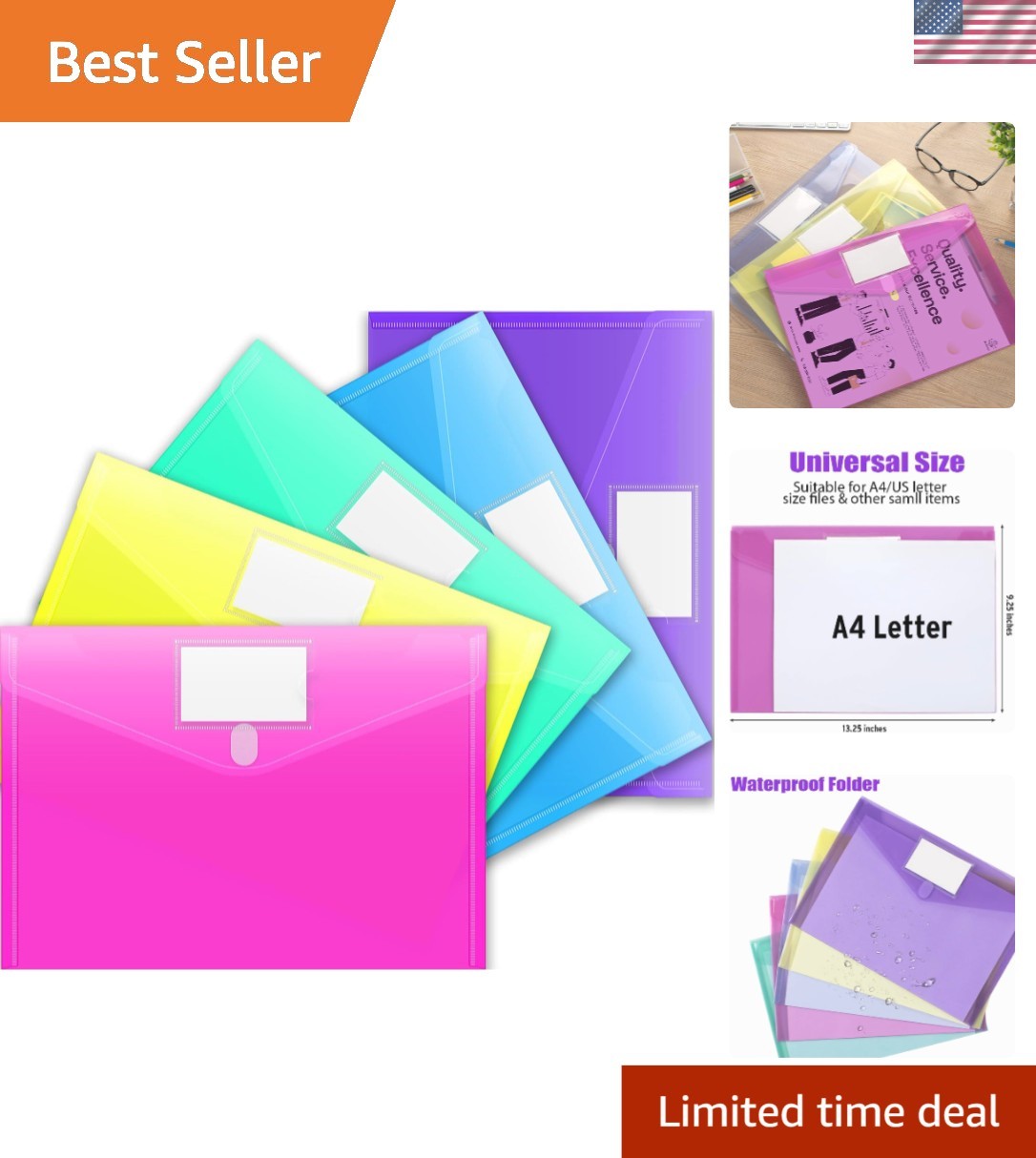 5-Pack Colorful File Folders - Waterproof Plastic Envelopes for Document Storage
