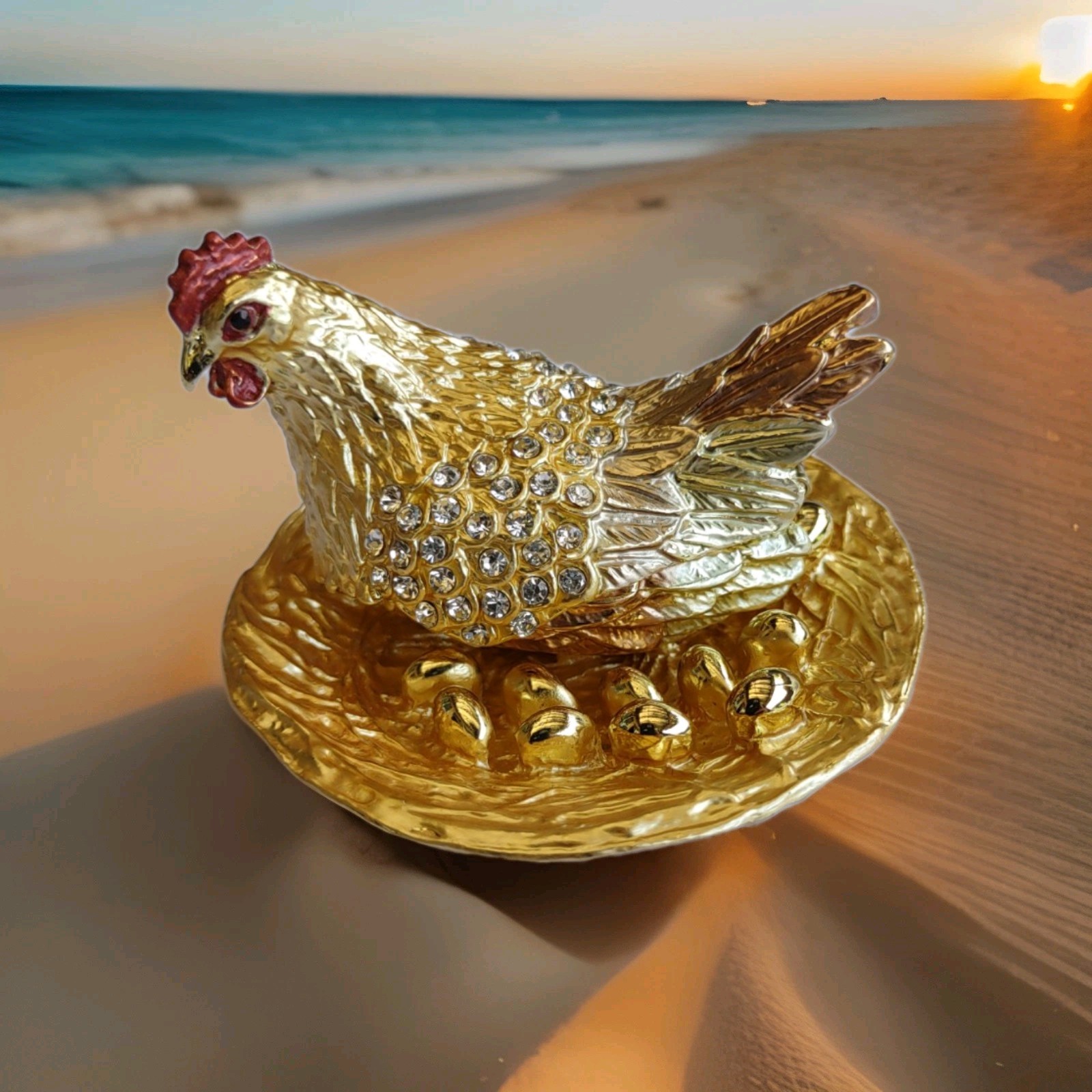 Gold Brown Chicken Hen Trinket Box