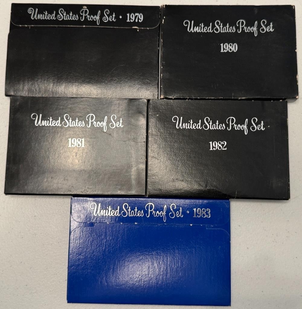 Lot of 5 complete US PROOF SETS with their boxes. 1979, 1980, 1981, 1982 & 1983.