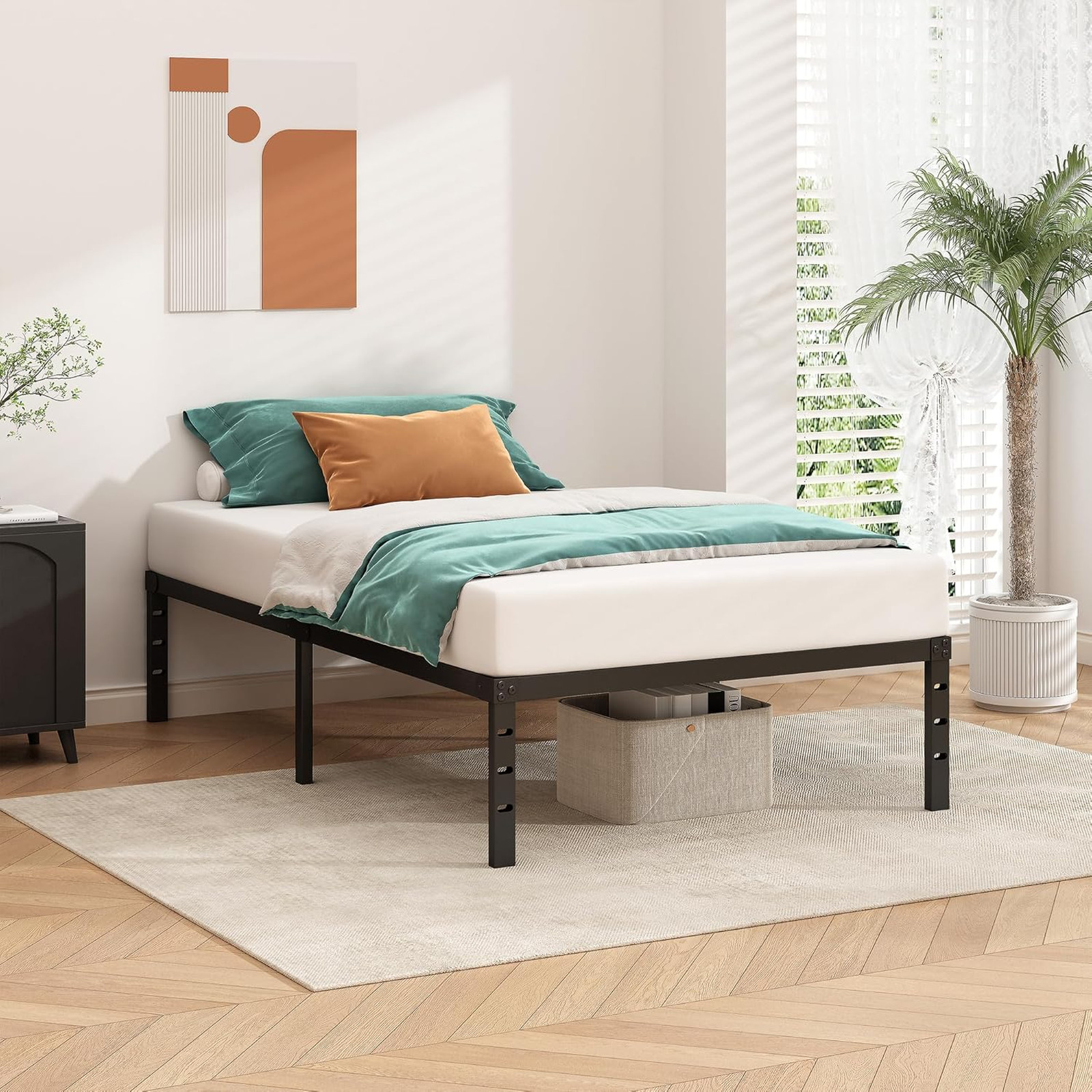 Metal Platform Bed Frame Twin Size 16 Inch Tall No Box Spring Support Slats