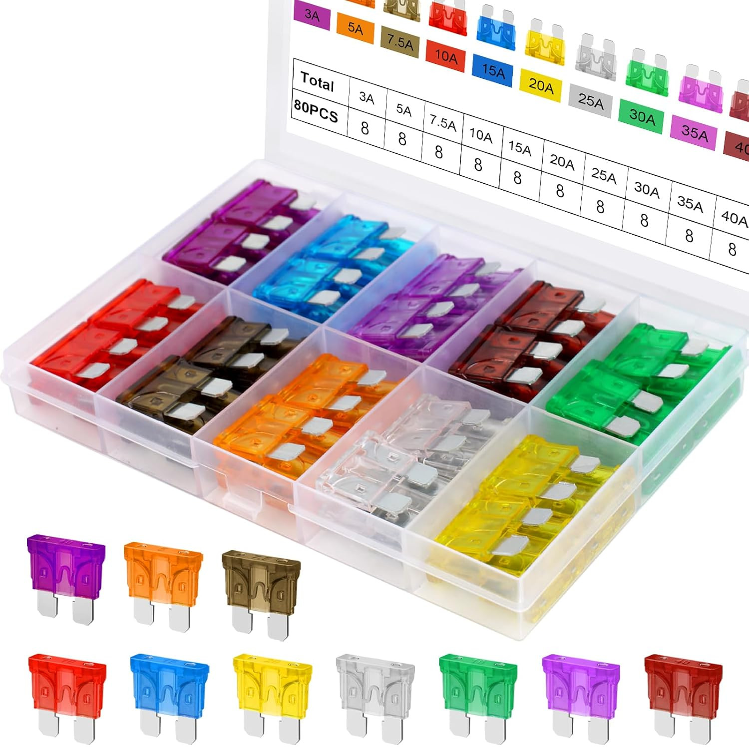Standard 80Pcs Car Fuse Kit 3A-40A – For Cars, Trucks, Motorcycle, SUV, Camper